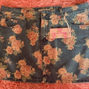 Ashley Mason Denim Skirt with Pink Floral Pattern